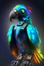 Placeholder: colorful robot parrot with blue glowing eyes