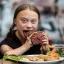 Placeholder: Greta Thunberg eating human meat burgers oozing with grease.full body, fantasy setting, real photo, soft lighting