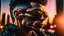 Placeholder: face portrait of a suave bounty hunter cyborgwith black sunglasses relaxing outside a club. sunset. intricate details. Big city background. photo real. reflections. 8k. subtle light streaks