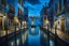 Placeholder: Beautiful photo realistic scene of a canal in Venice, dark night, streetlights, realistic, professional award winning oil on canvas, extremely detailed, high definition, elegant,