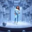Placeholder: make a picture pretty stage made of crystal cyan-gray teme 3d fractal recursive cubic and sphere base structures and a beautiful fashion model lady posing with cute,with blue teme Chic style pants with a tight shirt and jacket,sport shoes ,makeup curvy long hair,dynamic camera zoom to full body and pan, dynamic lights.
