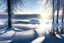 Placeholder: A serene landscape of a frozen, snow-covered lake, surrounded by a silent, frost-encrusted forest, as the pale, winter sun casts long shadows across the pristine, icy surface.