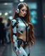 Placeholder: Full length image Full body Beautiful woman super model brown long hair wearing earphones science fiction style humanoid half with full body cyborg mechanicals and cybernetics lights,she on standing sweet pose