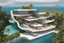 Placeholder: Impressive paradise islands, with elegant and luxurious futuristic homes on cliffs, vibrant and warm tones. Architecture, natural beauty, crystal clear waters, sun and lush vegetation