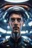 Placeholder: portrait of really scared young captain on a misty catamaran dome modular house sub that looks like a dark twisted alien space ship with spotlights, in advanced hi tech dock, bokeh like f/0.8, tilt-shift lens 8k, high detail, smooth render, down-light, unreal engine, prize winning