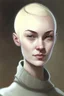 Placeholder: full colour drawing, portrait, 22-year old friendly slender female human cleric, shaved head, blonde eyebrows, grey eyes