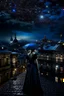 Placeholder: Under a starry umbrella and cityscape long dress, she’s the queen of the night, dark deep colours, stary dark blue sky, high sharped, dtelied, cinematic, atmospheric, weird, crepy stunning