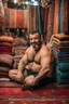 Placeholder: close up photography of a burly beefy strong 40-year-old Turk in Istanbul bazaar, shirtless, selling carpets sitting on a pile of carpets, biig shoulders, manly chest, very hairy, side light,