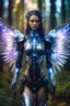 Placeholder: Close up Facing Front night photography Beautiful Angel woman cyborg cybernetic ,futuristic armor, straddle wings in Magical Forest full of lights colors, Photography Art Photoshoot Art Cinematic Soft Blur Colors