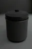 Placeholder: black container, plastic, realism, with screw lid, no labels, round container, view from the front, dark studio setting