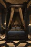 Placeholder: Beautiful ornate four post canopy bed in a dark colored bedroom, victorian, black and gold, blue