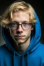 Placeholder: An young man with glasses, fluffy blonde hair, wearing a blue hoodie