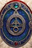 Placeholder: the logo of an ancient Celtic female vampire coven , in the form of highly detailed triskele and knotwork, made from lapis lazuli, emerald, and ruby, with the all seeing eye at its center fashioned as a clasp, in the comic book style of Bill Sienkiewicz, Jean Giraud Moebius, and Enki Bilal, boldly inked, 4k, finely wrought metal work