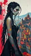 Placeholder: full body, wildly stylized abstract realist painting of a bold, audacious female vampire with highly detailed long dark braided hair and facial features and glowing eyes in the style of Jeremy Mann, her silhouette residing amidst bold, attention-grabbing abstract design that's defined by a wash of vibrant, highly saturated natural hues, juxtaposed against stark, surrealist medieval Spanish landscape of bustling colored cityscapes