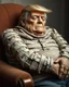 Placeholder: a chubby really old decrepit realistic male mummy, looks similar to donald trump, eyes closed, leaned over in a brown chair