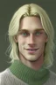 Placeholder: Realistic young man, longish blond hair, droopy green eyes, angular facial feature, grey sweater, white skin, gentle smile