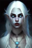 Placeholder: hauntingly beautiful character for dnd, young vampire woman with white hair and blue eyes, angel, with moon necklace, lips slightly parted showing fangs