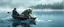 Placeholder: airbrush 3d rendering, wolf is being rescued from boat in lake, logo