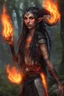 Placeholder: Eladrin druid female made from fire . Hair is long and bright black some braids and it is on fire. Eyes are noticeably red color, fire reflects. Make fire with hands . Has a big scar over whole face. Skin color is dark