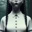 Placeholder: Wednesday Addams, Wednesday with braids standing with her arms crossed, dark, soft goth lip, hyper detail, octane render, unreal engine 5, photorealistic, 8k resulation