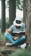 Placeholder: A man wears a white Dad Hat and wears glasses and is busy reading with a tree behind him, high resolution, and the image focuses on the Dad Hat