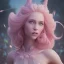 Placeholder: in front of a pink castle, a cheerful fairy, big smile, pink, blonde hair, beautiful, whole face, whole top hair head, wide open blue eyes, transparent wings onn the back, hyperrealism, masterpiece, expert, cinematic lighting, sharp focus, 8K, pastel, macro lens, woman, detailed, flower