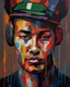 Placeholder: picture of modern colorful portrait painting hanging on the great dark wall