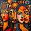 Placeholder: Large-scale oil painting, intricate stylized faces intermingling with geometric shapes, vibrant color palette, seamless canvas coverage, immersive gallery feel, no borders