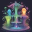 Placeholder: A four-way fountain each side filled with strange glowing slime in many colors, in zen tangle art style