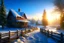 Placeholder: photorealism, blue sky, dawn, snowball, sun rays, beautiful sunny morning, very beautiful Russian village, beautiful wooden logs, various carved beautiful houses of different colors, fluffy trees, long snow-covered path, fluffy snow, yellow-blue shadows, professional photography, pastel colors, high resolution, high detail, ISO 100, realistic, beautiful, aesthetic, soft lighting, dim lighting, bright lighting, Catherine Welz Stein, Dmitry Vishnevsky