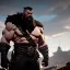 Placeholder: large muscular barbarion, heavy build, wearing fur pants, black fur boots, thick belt, long beard, shaved head, battle worn, stoic, large axe, open blue eyes, eyes are both in proportion, 3/4 look, standing, dark cobblestone alley, bright fire behind, intense, non-photorealistic rendering in the art style of j.scott campbell