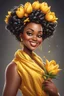 Placeholder: Create a airbrush cartoon art style image of a curvy black female looking down with a smile on her face. Prominent makeup with hazel eyes. Highly detailed messy curly bun with a hair scarf on her head with large yellow tulip flowers surrounding her. 2k