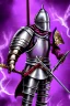 Placeholder: medieval Knight, violet color, high detail, sorcery, sparks, mechanical, plasma, treasure, weapons, slithery, legendary, castle, dragon, confident, proud, danger