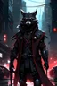 Placeholder: a cyberpunk racoon wizard standing in a city street, black armour, with red highlights, grey cyberpunk city background