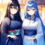 Placeholder: Clear focus,8k resolution, Blue long hair, Blue eyes, smiling, Kimono clothes,