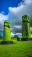 Placeholder: Lime green aero towers in the cloudy sky designed in Moai statues painted by Vincent van Gogh