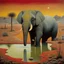 Placeholder: by Desmond Morris, weird grim desert wonderland, surreal elephant drinking from a red pond, matte oil painting, dark colors