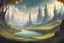 Placeholder: Fantasy Concept Art: majestic fantasy landscape, great forests, cartoonish art style, one big mointain parabola