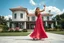 Placeholder: full body close up shot ,country side modern villa wide yard in front of villa ,a beautiful lady in nice long dress dancing,flowers blue sky ,petty flophy clouds ,looking at camera