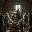 Placeholder: a very old anthropomorphic wolf in a brown vest with a lightning logo visible,old pants sitting on wooden schair surrounded by younger and older anthropomorphic wolves sitting on eart or stand around in villager cloths. the very old anthropomorphic wolf talks. Everybody gaze him. in the background big wooden room with little window, natural light. The characters exhibit a variety of expressions, realistic, high detailed, cinematic