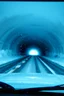 Placeholder: surreal tunnel road seen through a dirty truck front window, dirty blue snow and wind