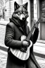 Placeholder: One single mature wolf, worn out clothes, playing guitar in the street , Vienna, mourning, model style, hyper realistic, extremely accurate, delicate, extremely detailed, Graphic novel style, wide-angle, open aperture, superfine pencil