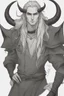 Placeholder: A dnd character portrait, a tiefling man with long hair and two long black horns that curve backwards, white eyes and pale skin. Handsome. Young.