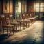 Placeholder: 50mm film photography, Kicked the door and saved a row of chairs, Chairs organized neatly in a row but fall into disarray as the story progresses, old photo, depth of field, tilt-shift \(azalanz\), bokeh, photorealistic, realistic, octane, dramatic light, 3d render, provoking composition, wide angle shot, award winning photography, detailed and intricate, surround by trash and debris