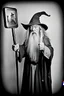 Placeholder: Gandalf with crowbar wand taking serie of BW photos inside photo booth.