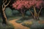 Placeholder: Night, trees, flowers, horror, japanese manga style, rocks, claude monet, georges lemmen, and alfred stevens impressionism paintings