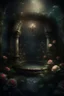 Placeholder: magical overgrown secret garden, roses, ivy, fountain, twilight, moon, stars dark tones, warm tones