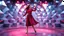 Placeholder: a pretty stage made of metallic blue-gray teme 3d recursive geometric structures and a beautiful fashion model lady dancing with joy and cute ,with dark red top and pretty pleated midi skirt ,makeup curvy long hair,dynamic camera zoom to full body and pan, dynamic lights.