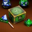 Placeholder: 6 sided dice with runes on table with green cloth, fantasy book art