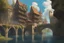 Placeholder: medieval buildings with balconies overhanging lake edge with blue sky and people, photorealism, fantastical, intricate detail, splash screen, concept art